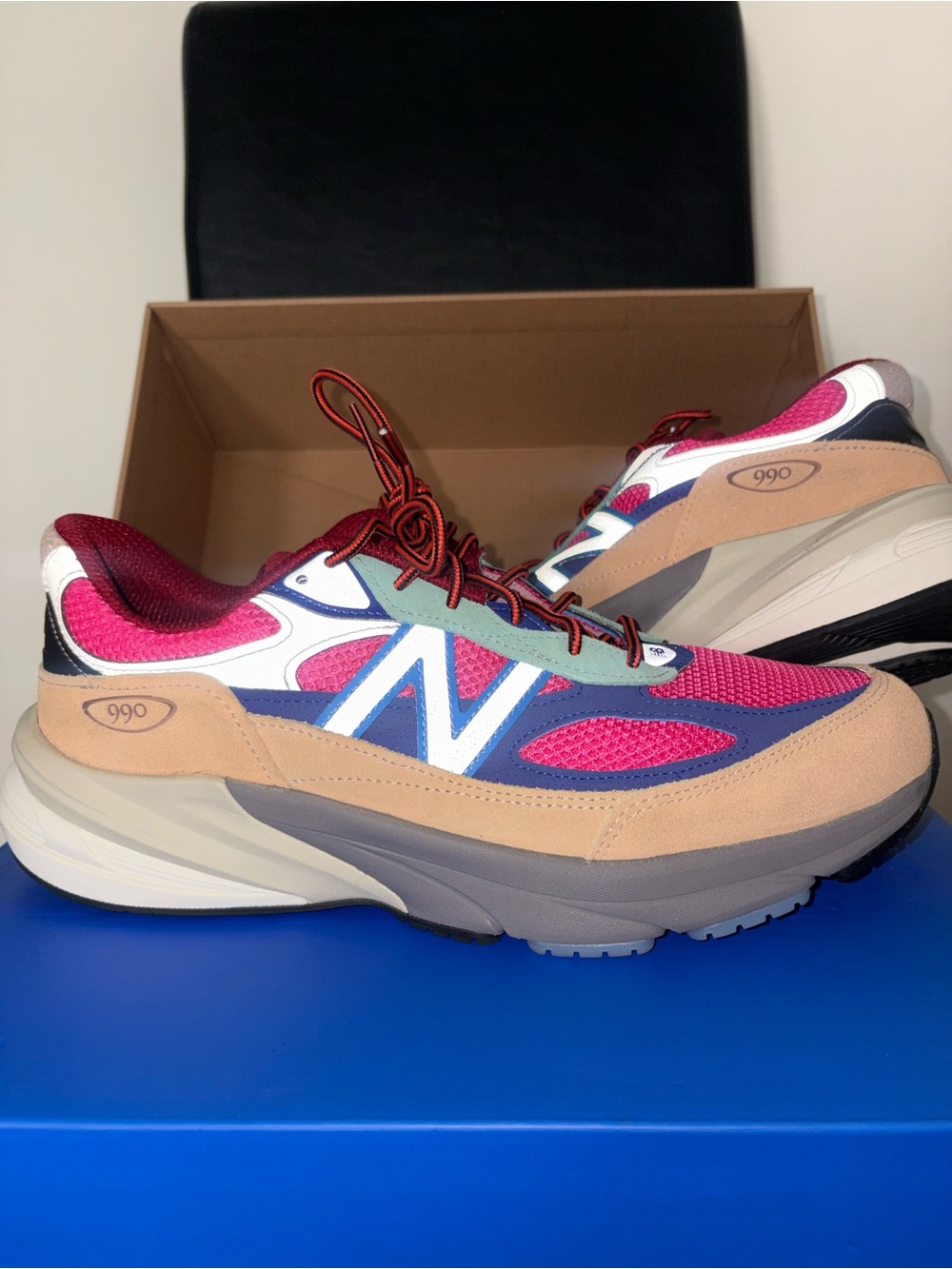 New Balance Women's 990 Pink Tan Blue Mesh Sneakers